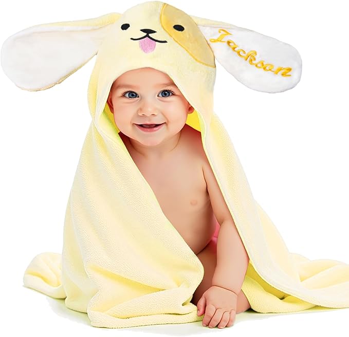 Custom Hooded Bath Towel with Name, Personalized Highly Absorbent Bunny Towels, Baby Bath Towels for Girls Boys, Brithday for Baby, Toddler, Newborn (Yellow-Dog)