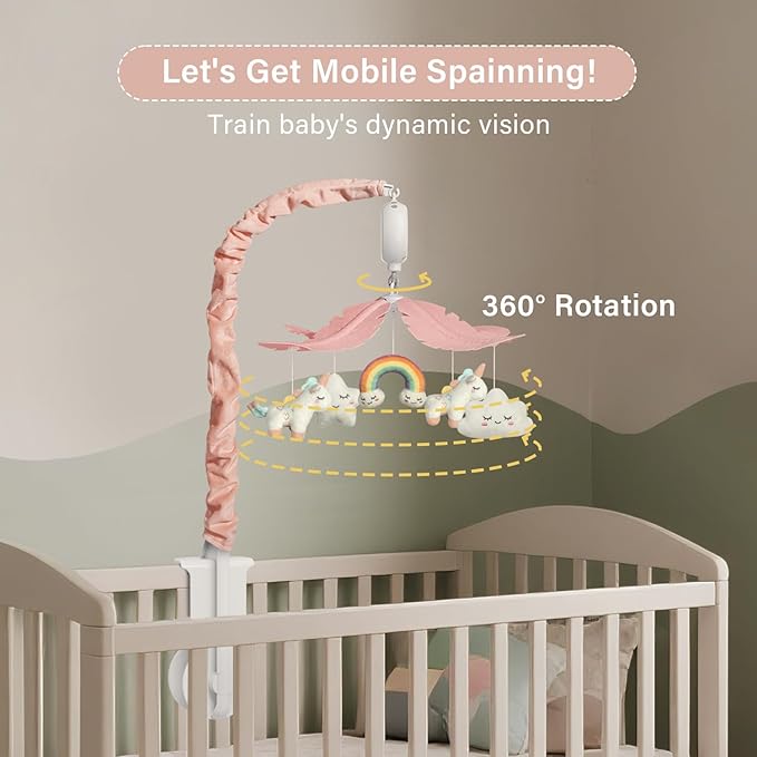 Crib Mobile for Girls - Pink and White Unicorn & Weather Theme, Mobile for Crib with 35 Lullabies & 3 Modes Music Box, Nursery Decoration for Infant Soothing & Sleep
