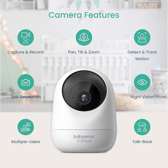 Babysense 2Peek Video Baby Monitor, WiFi Security Camera with Auto Tracking (2Pcs), 3MP Super HD, Intelligent Motion & Sound Detection, Night Vision, Private Hidden Lens Mode, Supports SD Card