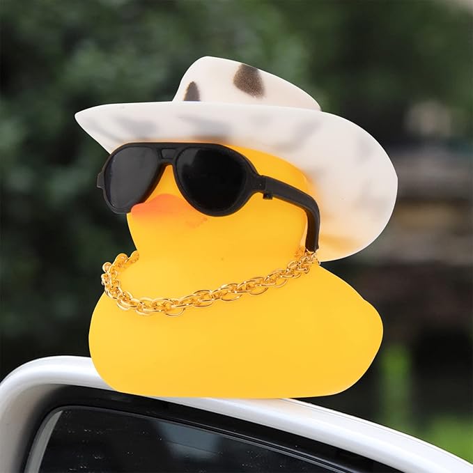 wonuu Car Rubber Duck, Yellow Duck Decoration Dashboard with Sun Hat Swim Ring Necklace Sunglasses for Car Dashboard Decorations