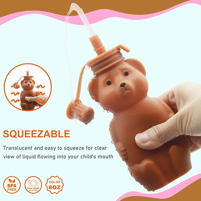 Honey Bear Silicone Straw Cup, Babies Water Drinking Cup, 8-Ounce Therapy Sippy Bottles for Speech and Feeding Training, BPA Free & Dishwasher Safe (BROWN)