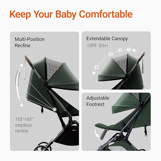 MAMAZING Lightweight Baby Travel Stroller with Carbon Fiber Frame, Compact & Airplane-Friendly, One-Handed Folding Design, 11.6 lbs, Perfect for Toddlers, Green