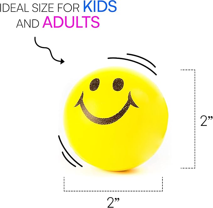 Neliblu 24 Pack Stress Balls for Kids and Adults - 2" Stress Ball in Bulk - Neon Yellow Squishy Balls with Smiley Faces - Fun Party Favors for Classroom, Goodie Bags, and Fidget Toys for Kids