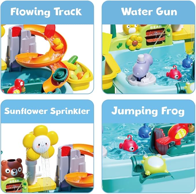 Sensory Water Table for Toddlers 1-3, Play Sink with Running Water Toys for Kids Ages 4-8, Kitchen Sink with Play Food Vegetables, Dishes, Fishing Game, Outdoor Sand Summer Toys for Boys Girls