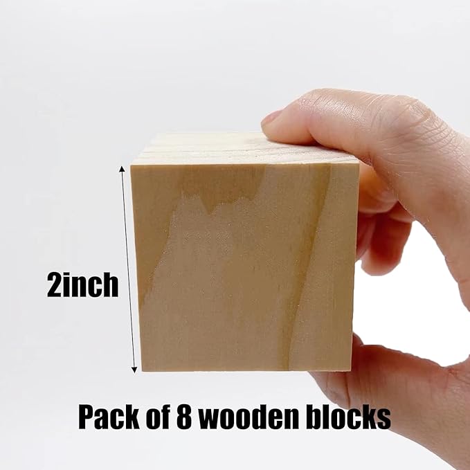 Wood Blocks for Crafts, Unfinished Wood Cubes, 2 Inch Natural Wooden Blocks, Pack of 8 Wood Square Blocks, Wooden Cubes for Arts and Crafts and DIY Projects