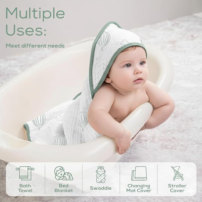 Muslin Hooded Baby Towels for Newborns, 32"x32", 100% Cotton – 6 Layers Super Soft Absorbent Breathable, Baby Bath Towel, Toddler Bath Towel – Pack of 2