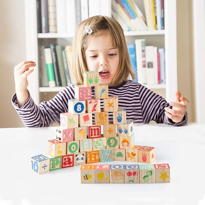 Wooden ABC Toy Building Blocks for Toddlers 1-3 36 PCS Wood Alphabet Number Blocks for Stacking Learning Preschool Educational Montessori Sensory Toys for Kids Boys Girls Gifts 1.7"