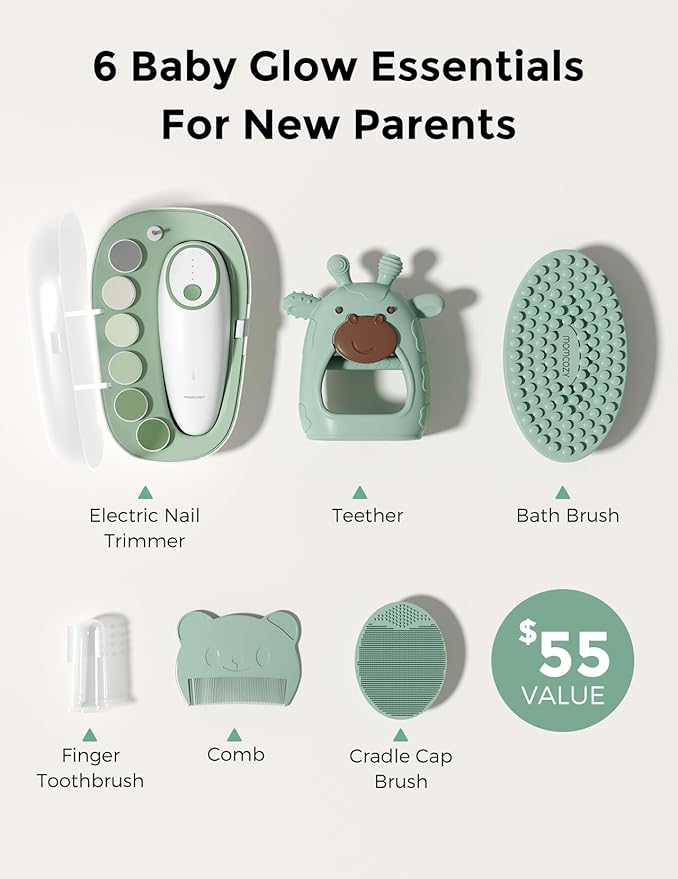 Momcozy Glow Baby Kit, Baby Shower & Registry Essential Kit for Grooming & Cleansing Care, Includes Electric Nail File, Teether, Bath Brush, Cradle Cap Brush,Comb, Finger Toothbrush,Newborn Must-Have