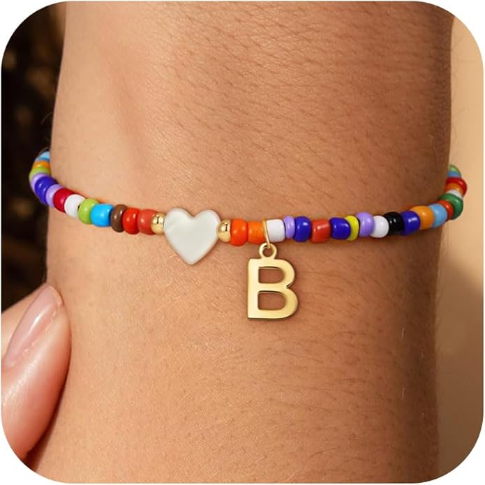 Christmas Gifts for Grandkids Teens Girls - Cute Beaded Heart Initial Bracelets for Women Teen Girl Trendy Stuff, Birthday Gifts Stocking Stuffers for Teen Girls Women Jewelry