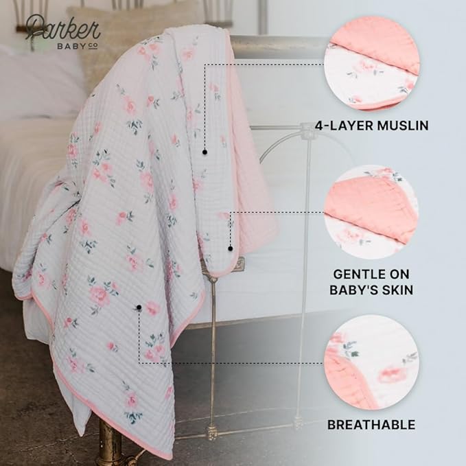 Parker Baby Muslin Blanket | 100% Soft Cotton Toddler Quilt & Baby Muslin Swaddle | Gender Neutral Design 47" x 47" Blanket