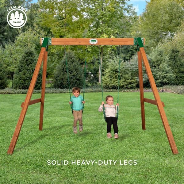 Backyard Discovery Durango Cedar Wood Swing Set Kit with Classic A-Frame, Two Belt Swings, Pinch-Free Ropes, Easy Assembly, Heavy-Duty, Lumber and Hardware Included, Outdoor Playset, Ages 3-10