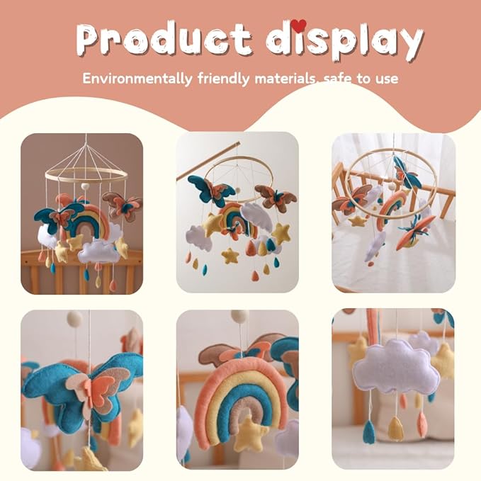 GOODMOM Boho Baby Crib Mobile –Handmade Nursery Hanging Mobile for Baby Boy & Girl - Perfect Bohemian Nursery Room Decor with Felt & Leather - Great Newborn Gift (Dreambutterfly)