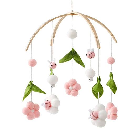 OESSUF Baby Mobile for Crib, Crib Nursery Mobile for Boys Girls, Boho Bee Flower Nursery Decor Soothe Toy Baby Shower Set for Infant Bedroom Hanging Decoration Toy, Pink