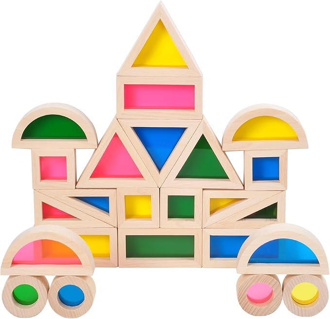 Wood Building Blocks Set 24pcs, Wooden Blocks for Toddlers, Rainbow Sensory Toys, Educational Toys, Preschool Wooden Stacking Toy for Kids