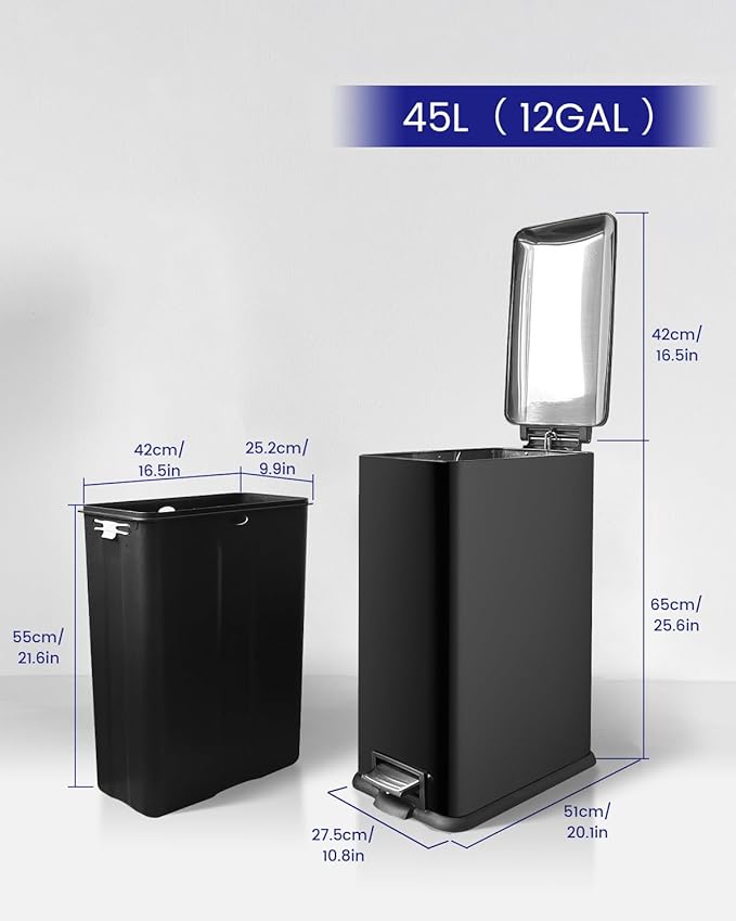 Kitchen Rubbish Bin, 45 Litre Waste Bin, Large Pedal Bin, Kitchen Rubbish Bin with Softclose Lid and Inner Bin, Slim Pedal Bin for Kitchen, Bathroom and Office, Black