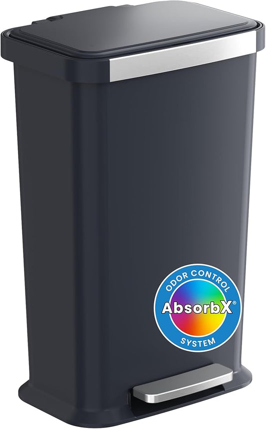 iTouchless SoftStep 13.2 Gal / 50L Step Pedal Kitchen Trash Can with Odor Filter, Stainless Steel Trim Dent-Proof Durable Construction, Garbage Bin with Lid for Home Office, Bedroom, Black Plastic