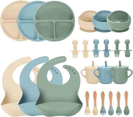 24 PCS Silicone Baby Feeding Set, Baby Led Weaning Supplies Includes Suction Bowls and Divided Plates, Adjustable Silicone Bib, Spoons&forks, Training cup with straw (Green+Blue+Beige)