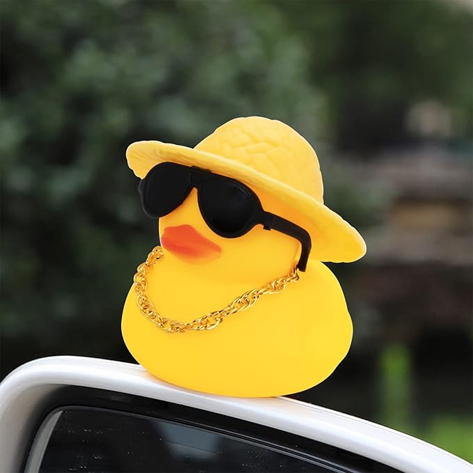 wonuu Car Rubber Duck, Yellow Duck Decoration Dashboard with Sun Hat Swim Ring Necklace Sunglasses for Car Dashboard Decorations (Blue Sun Hat-Blue Dolphin)