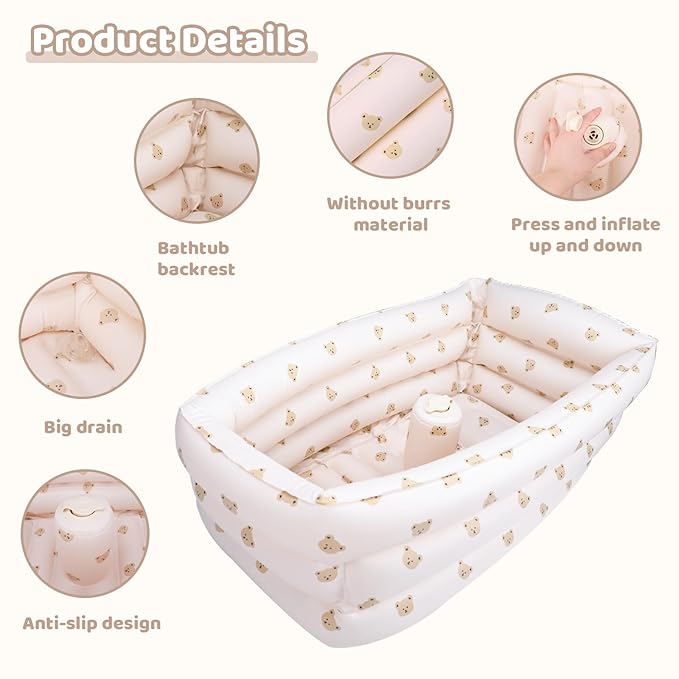 Inflatable Baby Bathtub with Built-in Air Pump, Portable Bathtub for Babies 0-5 Years Old, Small Ball Pool, Foldable Bath Tub for Travel, 30.7 x 14.6 Inch (Bear Head)