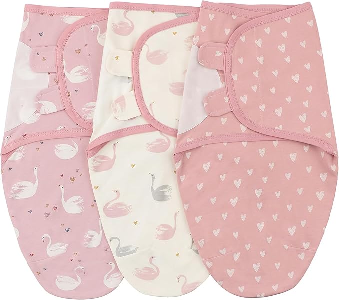 insular Baby Swaddle Wrap, Swaddle Blanket for Newborn and Infant, Adjustable Velcro Swaddling Set for Boy and Girl, Soft Cotton Baby Sleep Sack 3 Pack, Pink Swan, Small(0-3M)