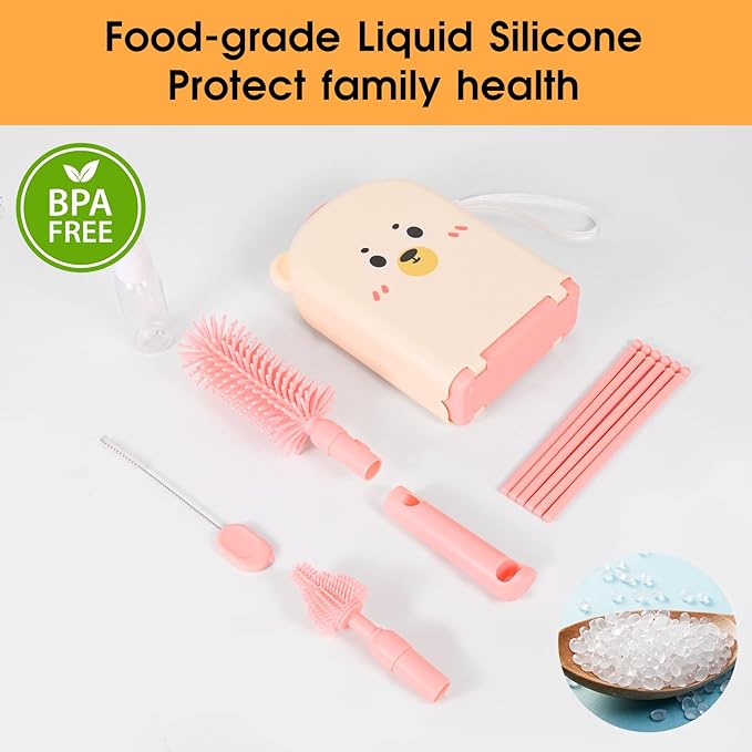 Portable Baby Bottle Brush Set, 7-in-1 Travel Baby Bottle Cleaning Kit, Portable Bottle Washing Kit with Silicone Bottle Brush, Nipple Brush, Straw Brush, Drying Rack for Home and Travel (Pink)