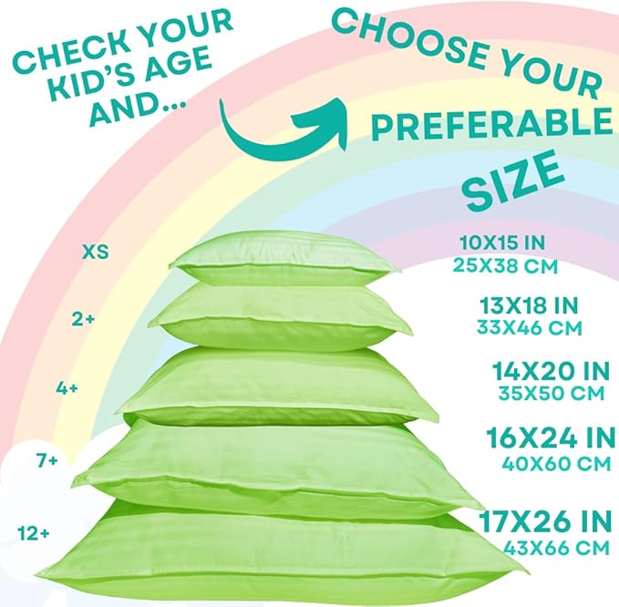 kinder Fluff Kids Pillow (2Pack) 16x24in - Youth Pillows for Kids Age 7+, 100% Cotton Sateen Stripes 300T, Down Alternative Fill, Machine Washable - Children & Travel Cushion - Green - L