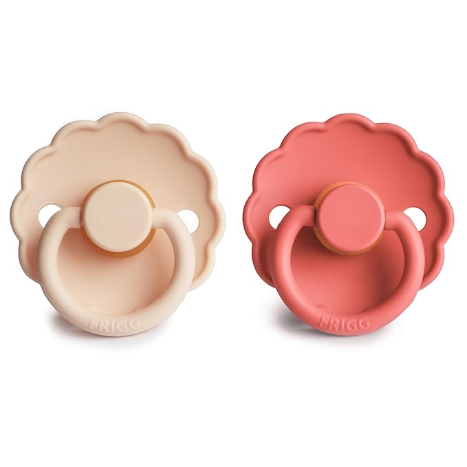 FRIGG Daisy Natural Rubber Baby Pacifier | Made in Denmark | BPA-Free (Pink Cream/Poppy, Size 2) 2-Pack