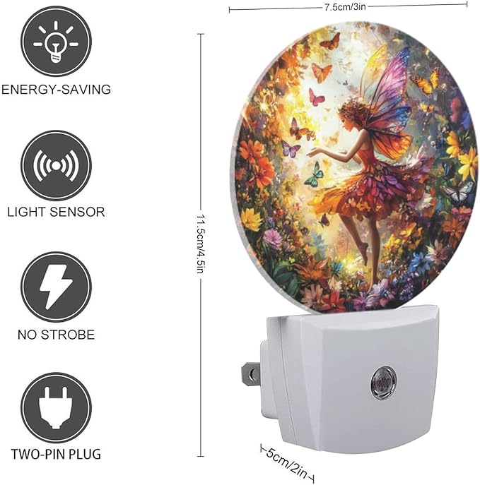 Round LED Night Lights Lamp with Dusk to Dawn Sensor, Beautiful Fairy with Colorful Wings Flying Night Light Plug Into Wall for Kids Room, Bedroom, Bathroom, Kitchen, Hallway
