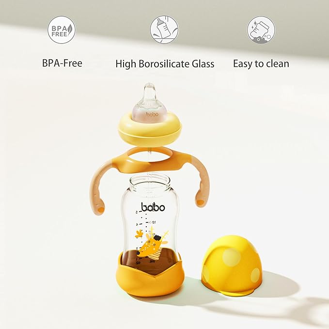 YOHKOH Natural Glass Baby Bottle with Natural Response Nipple, Wide Neck Baby Bottles with Handle, Newborn Anti-Colic Baby Bottles Gift Set, Clear (5.4oz (Pack of 4), Yellow)