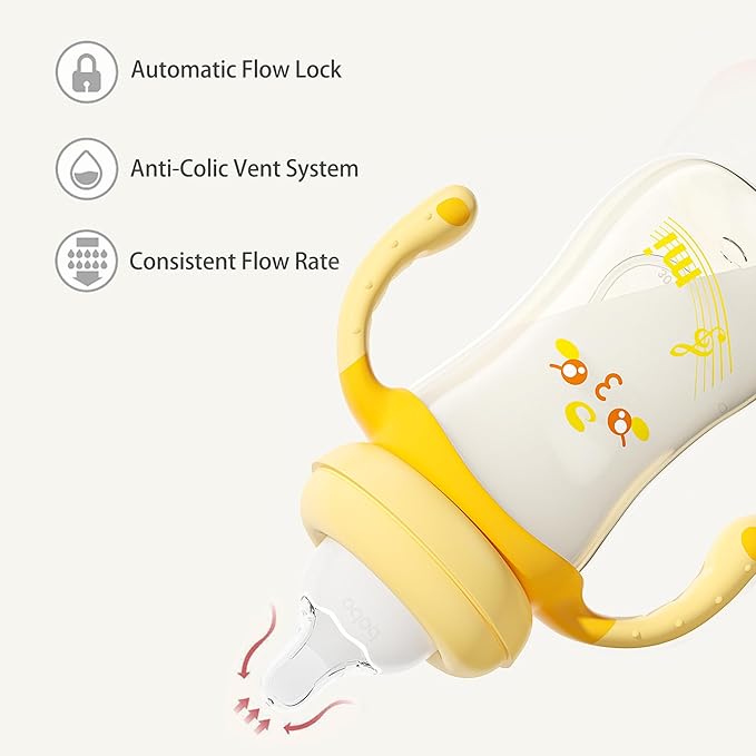 YOHKOH Natural PPSU Baby Bottle with Natural Response Nipple, Newborn Anti-Colic Baby Bottles with Handle, Wide Neck Mushroom Cap Baby Bottle (8.8oz (Pack of 2), Yellow1)