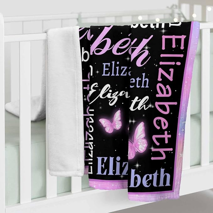 Personalized Baby Blanket for Girls with Name, Custom Name Blanket Butterfly Pattern for Daughter Son, Lightweight Fuzzy Fluffy Baby Blankets for Infant Toddler Newborn Unisex Crib Cot Stroller