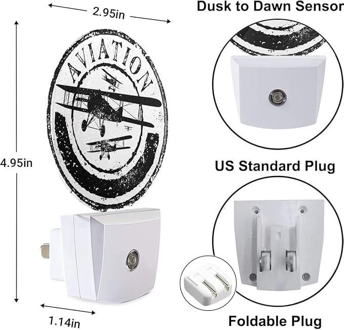 Vintage Airplane Night Light Aviation Rubber Stamp Black White Night Lights Plug into Wall with Dusk to Dawn Sensor Sleep Friendly lamp for Men/Women/Girls/Boys Gift