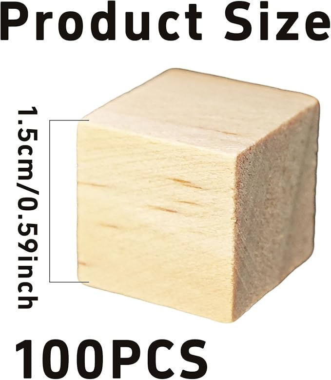 100Pcs 1.5cm Unfinished Wood Cubes, 0.59” Natural Square Wooden Blocks for Math Counting, Crafts, and DIY Projects