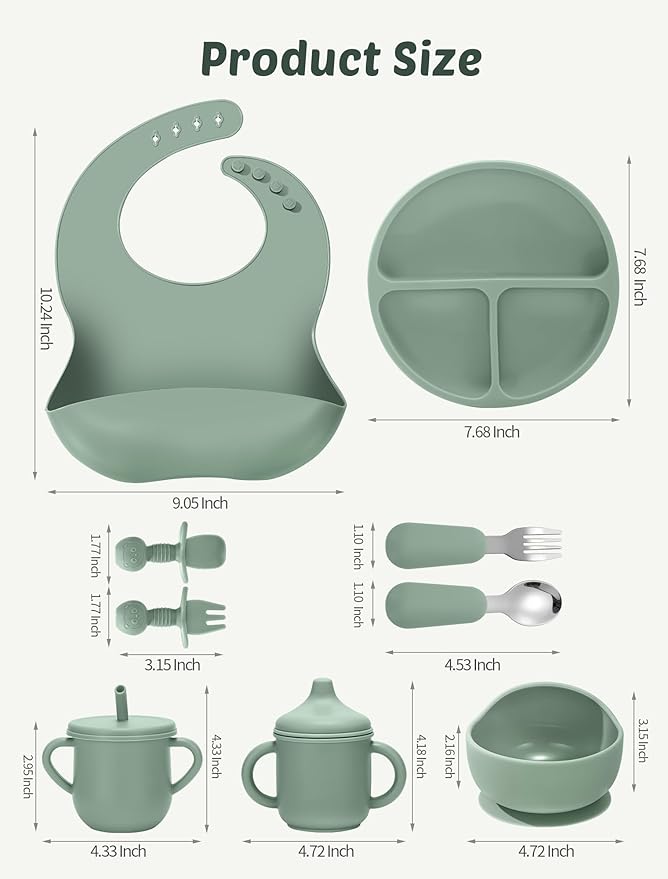 Silicone Baby Feeding Set, 18PCS Baby Led Weaning Supplies, Eating Essentials Utensils with Suction Plate and Bowl, Adjustable Silicone Bib, for 6+ Months (Green+Brown)
