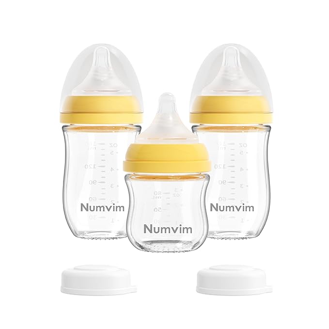 Natural Glass Baby Bottles Gentle & Extra Slow Flow, Newborn Breastfeeding Bottle with Anti Colic Nipple for 0 Months Babies, 3 Packs (Yellow (3 Ounce + 5 Ounce), 1 Count (Pack of 3))