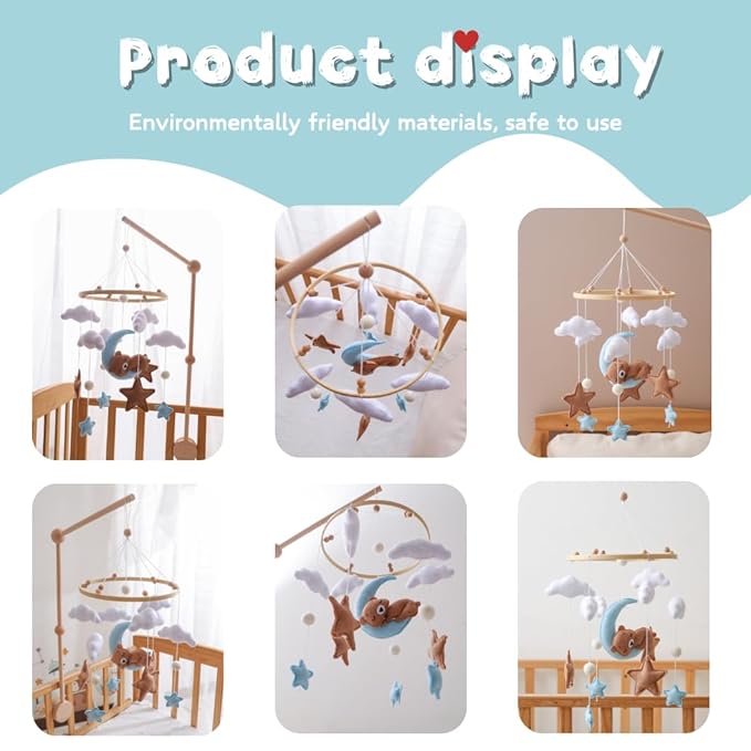 Sleeping Bear Crib Mobile Handmade Soothing Bedtime Nursery Decor for Boys and Girls Felt Night Mood Crib Mobile Easy to Assemble and Durable Gift (Blue Sleeping Bear)