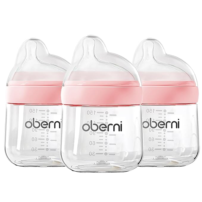 Baby Bottles with Slow Off-Centered Nipple for 0+ Months, Anti Colic Newborn Milk Feeding Bottle, 150ml/5oz/Pink/3Pack