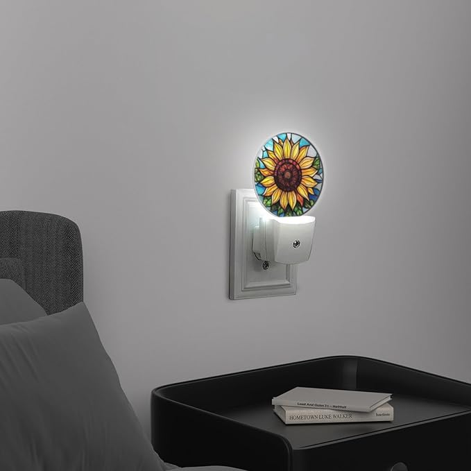 Round LED Night Lights Lamp with Dusk to Dawn Sensor, Yellow Sunflower in The Center Night Light Plug Into Wall for Kids Room, Bedroom, Bathroom, Kitchen, Hallway