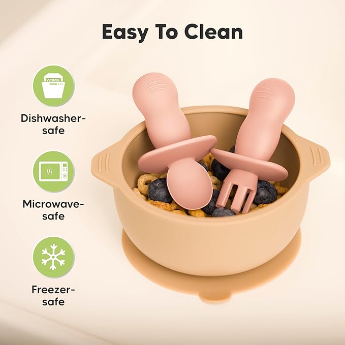 KeaBabies 4-Pack Silicone Baby Spoons and Forks Set - Baby Led Weaning Utensils 6-12 Months, Self Feeding Toddler Spoon & Fork for Training, Teething, Easy to Hold, BPA-Free Silicone (Mellow)