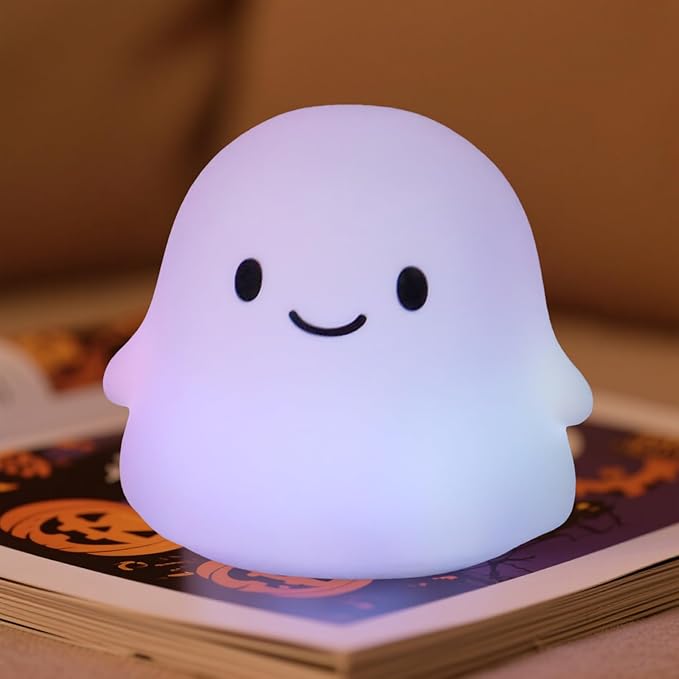 Ghost Night Light, Cute Ghost Decor Light Up Ghost Lamp - Color Changing Durable Kid-Safe Silicone, Long-Lasting Battery, USB Touch Control, Kids Halloween Gifts, Indoor Halloween Decor