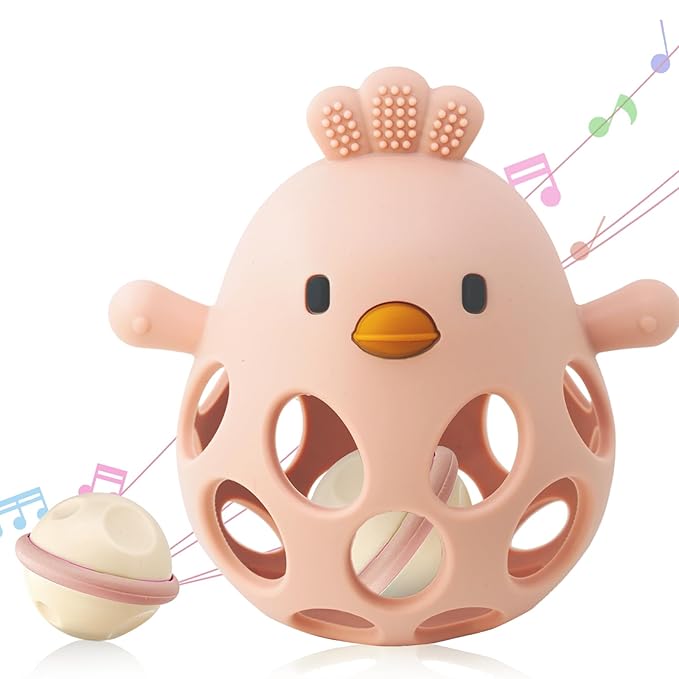 2-in-1 Baby Teething Rattle Toy, Sensory Grasping Teether for Infants 3-12 Months, 100% Food-Grade Silicone, Easy to Hold, Soothing & Developmental, BPA Free