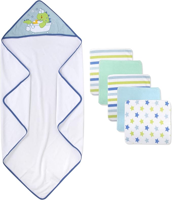 Baby Hooded Towel and Washcloth Set for Infants, Boys and Girls 6-12 Months (Refreshed Rex)