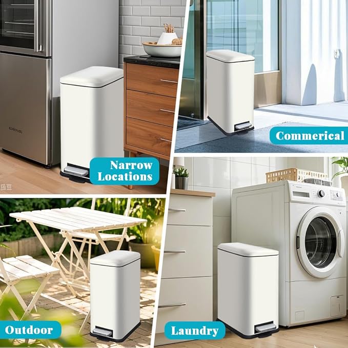 8 Gallon Slim Trash Can with Soft Close Lid, Stainless Steel Trash Can with Removal Inner Bucket, Hand -Free Trash Bin for Kitchen, Office, Laundry, Bathroom, 30 Liter Capacity, White