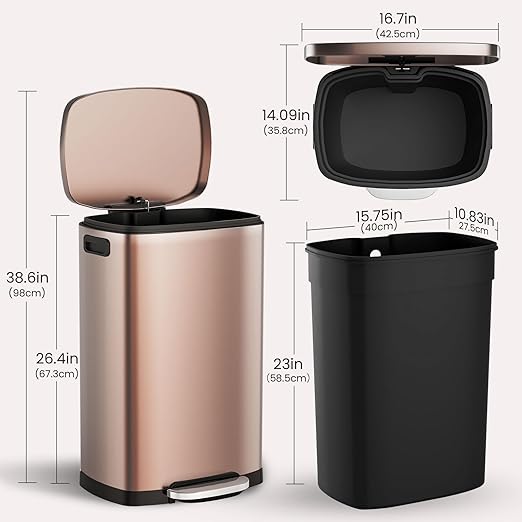 ELPHECO Kitchen Trash Can with Lid Soft Close, 13 Gallon / 50L Stainless Steel Pedal Garbage Can, Heavy-Duty Step Wastebasket with 20 Bags, Removable Bucket, Home Office, Champagne