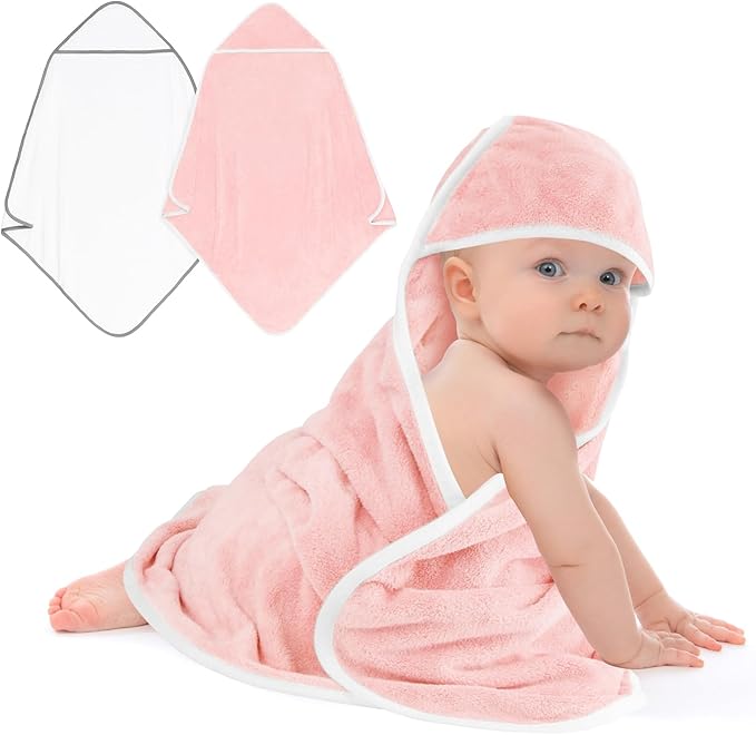 Hooded Towel for Newborn, 2 Pack Soft Coral Fleece Baby Towels, Ultra Absorbent Bath Cloths Bulk for Infants, Toddlers, Newborn Essential- 30 x 30 inch - Pink & White
