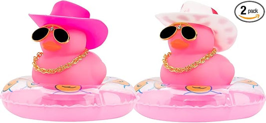 wonuu 2Pcs Car Dashboard Decorations Color Ducks, Rubber Duck for Car Ornament Accessories with Mini Hat Sunglasses Necklace and Swim Ring, A_Pink Duck+Pink Cowboy&Pink Spots Cowboy