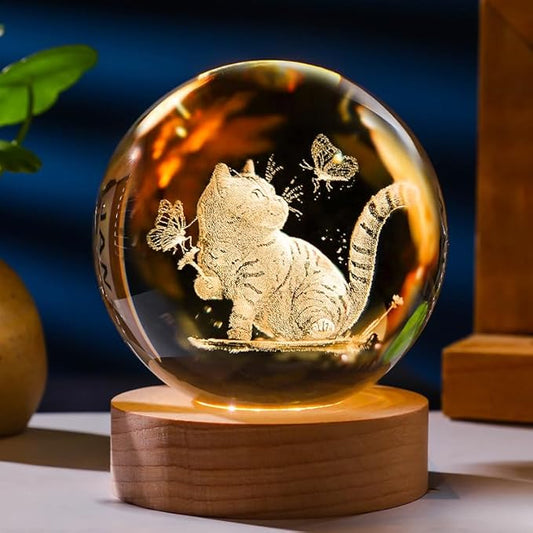 3D Cat and Butterfly Engraved Pattern with Wooden Lighted Base, USB Powered Cable with Switch, Night Light Decoration, Cat Lamp for Bedroom Unique Cat Gifts