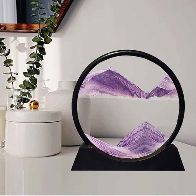 Aoderun Moving Sand Art Picture Round Glass 3D Deep Sea Sandscape in Motion Display Flowing Sand Frame Relaxing Desktop Home Office Work Decor (7", Purple)