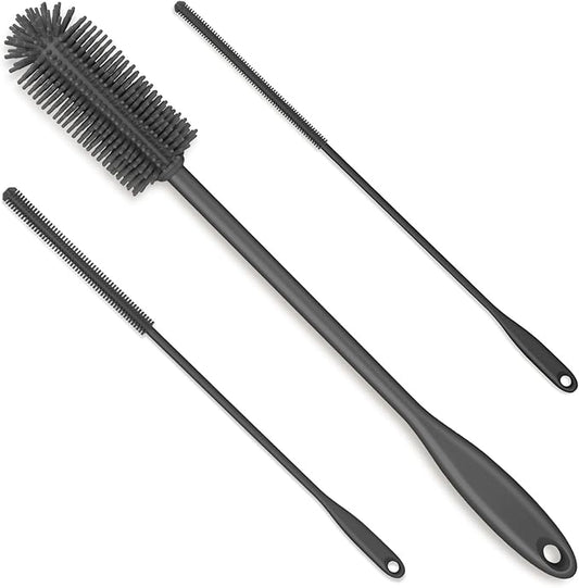 3-in-1 Silicone Bottle Brush and Straw Cleaning Brush Set, Water Bottle Cleaner for Narrow Neck Containers, Tumblers, Flask, Vase and Glassware (Charcoal)
