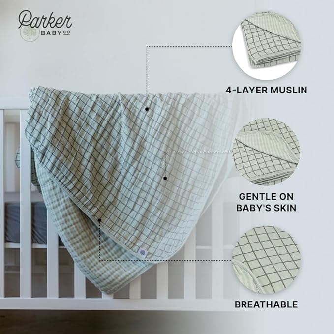 Parker Baby Muslin Blanket | 100% Soft Cotton Toddler Quilt & Baby Muslin Swaddle | Gender Neutral Design 47" x 47" Blanket